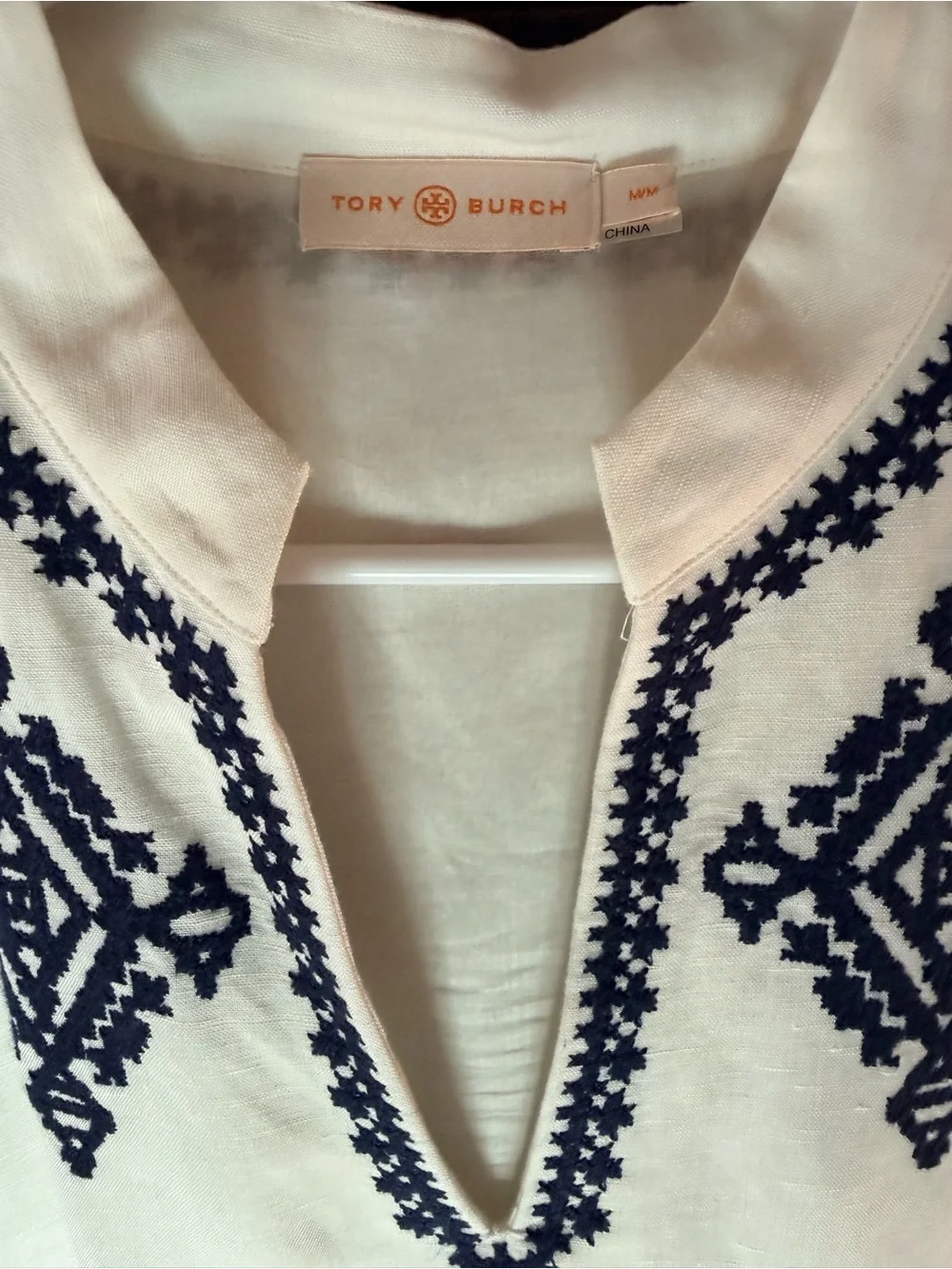 Tory Burch White Cotton Shift with Navy Embroidery and pockets!